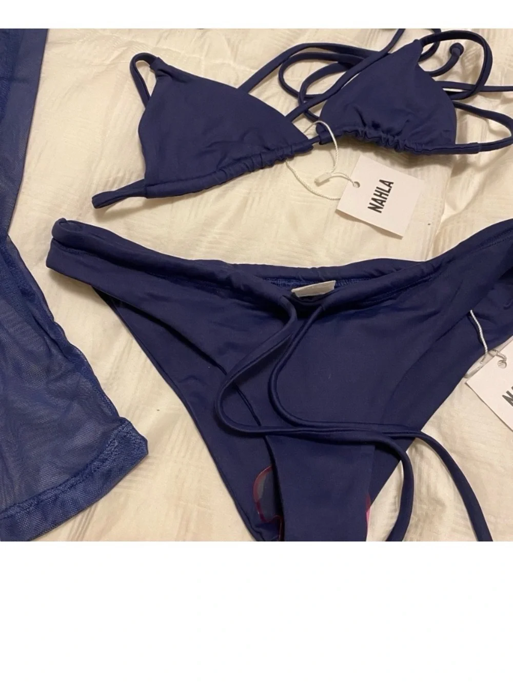 💙🤍 NAHLA Navy Triangle Bikini Set with Sheer Long Sleeve Cover
